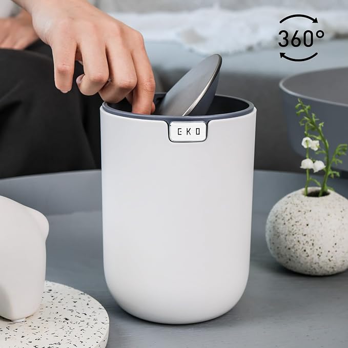 EKO Mini Desk Trash Can with Swing-Top Lid 0.4 Gallon Small Table Round Wastebasket for Office, Home, Car (White)