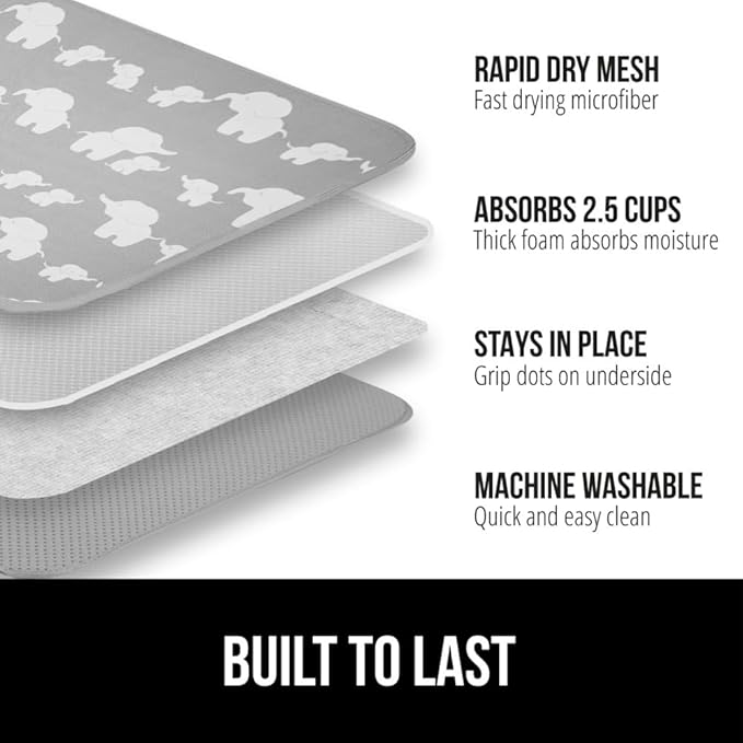 GORILLA GRIP Ultra Water Absorbent Microfiber Dish Drying Mat 2 Pack, Quick Dry Mesh, Slip Resistant Pad for Sink Dishes or Under Rack, Kitchen Counter Accessories, Machine Wash, 18x16 Inch, Elephants