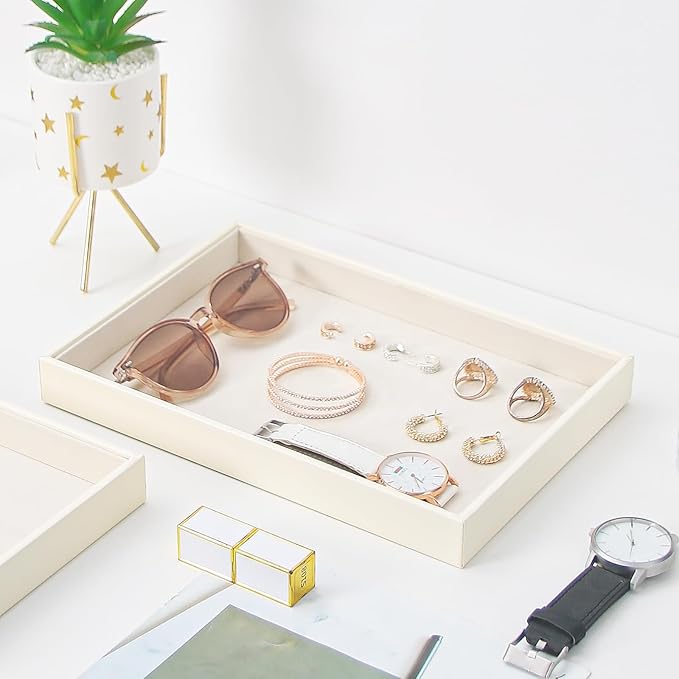 Ausalivan Stackable Jewelry Organizer Tray For Drawers,White Leather Small Earring Storage Tray,Bracelet And Necklace Display Box,Jewelry Ring Display Case (Creamy White Blank Trays)