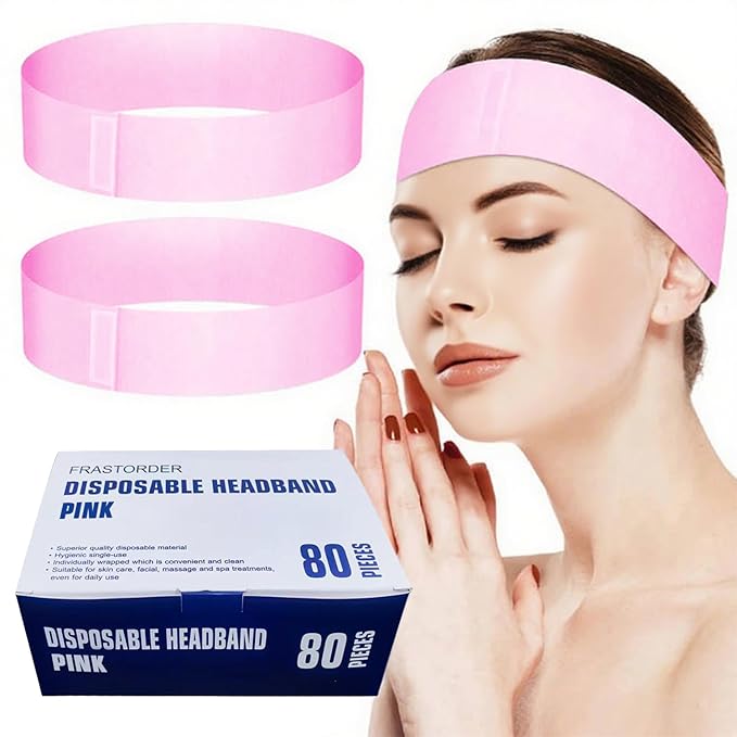 Disposable Spa Headbands for Women - Individually Wrapped Stretch Non-Woven Facial Headbands for Skincare, Makeup & Esthetician Supplies(Pink, 80 Count)