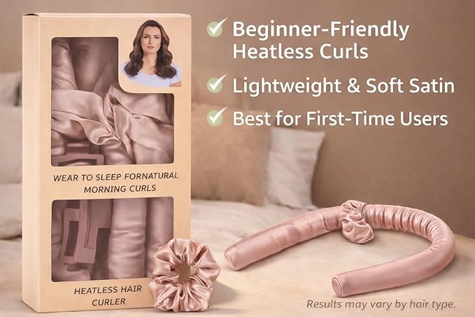 Heatless Hair Curler Set for Women - Satin No-Heat Curling Rod with 2 Scrunchies & Hair Clip, Overnight Heatless Curls for All Hair Types (Pink)