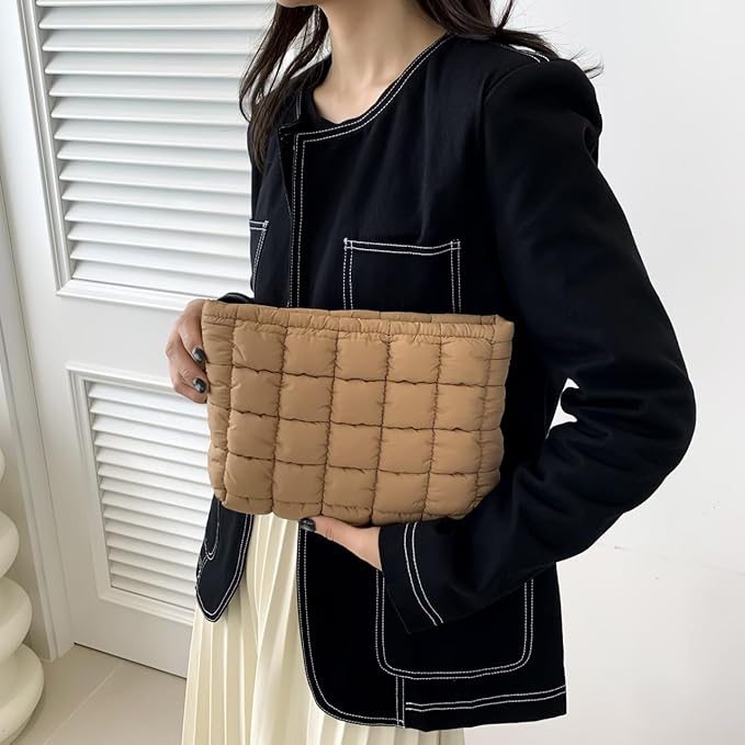 Puffy Quilted Makeup Bag for Women, Cosmetic Bag, Travel Toiletry Organizer Pouch Clutch (brown)