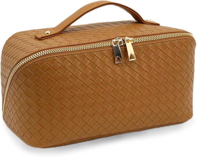 JINYIBAGS Travel Makeup Bag – Large Cosmetic Organizer with Waterproof PU Leather, Smooth Double Zipper & Tear-Resistant Lining, Toiletry Pouch for Women (Caramel)