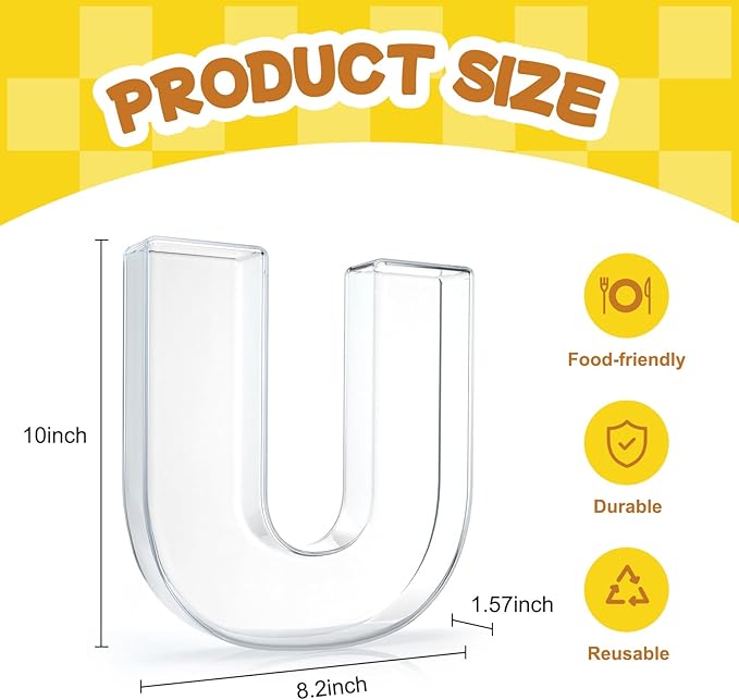 10" Acrylic Charcuterie Letters Fillable Tray, Reusable Alphabet Number Shaped Serving Plates for Charcuterie Board, Display Fruit, Candy, Cake, Party Decor, Birthday, Anniversary（U）