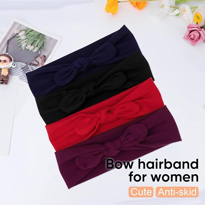 DRESHOW Knotted Bow Hairband for Women Rabbit Ears Bow Headband Vintage Hairband Yoga Head Wrap 4 Pack