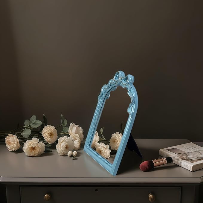 Blue Bow Mirror - 13x10 Inch Perfect Elegant Decorative Accent, Wall-Mounted Tabletop Makeup Mirror for Nursery Baby Room Bedroom Decor