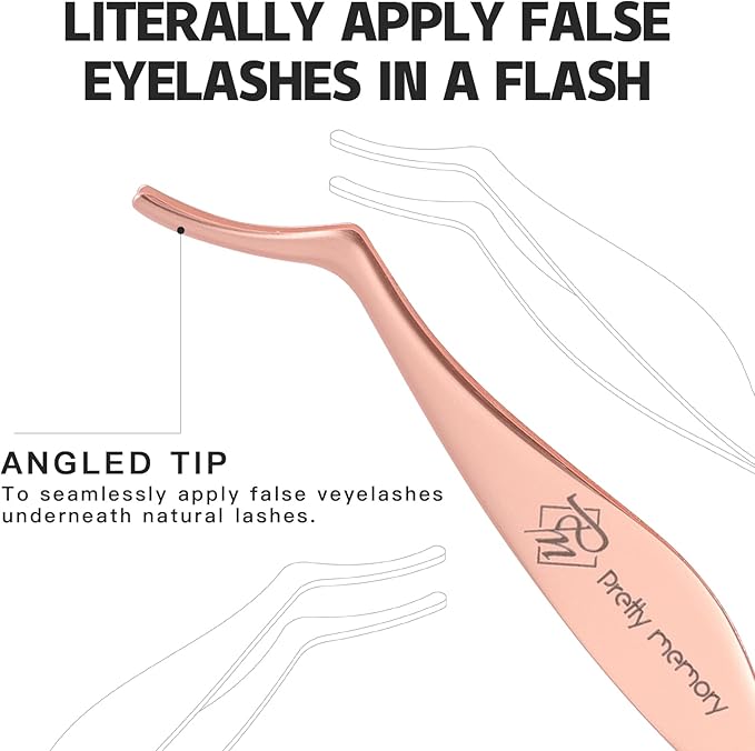 Pretty memory Eyelash Applicator Tool Stainless Steel Lash Tweezers Curved Eyelash Tweezers for Easy Lash Application and Removal, Rose Gold