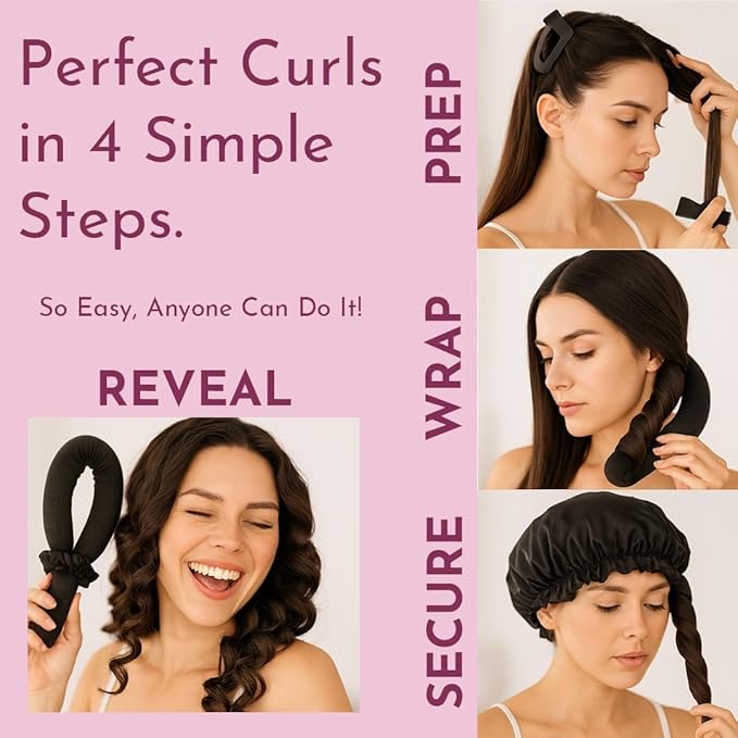 Heatless Hair Curler Set – Satin Foam Curling Rods for Long & Short Hair, No-Heat Overnight Hair Rollers for Women, Includes 4 Jumbo Rods, Wrap Scarf, Clip, Scrunchies & Protective Covers (Black)