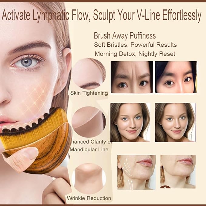 Lymphatic Contour Face Brush- Dry Drainage Facial and Neck Massage Sculpting Brusher with Gua Sha Tool, Soft Bristle Massager Gift for Women and Girls (Brown)