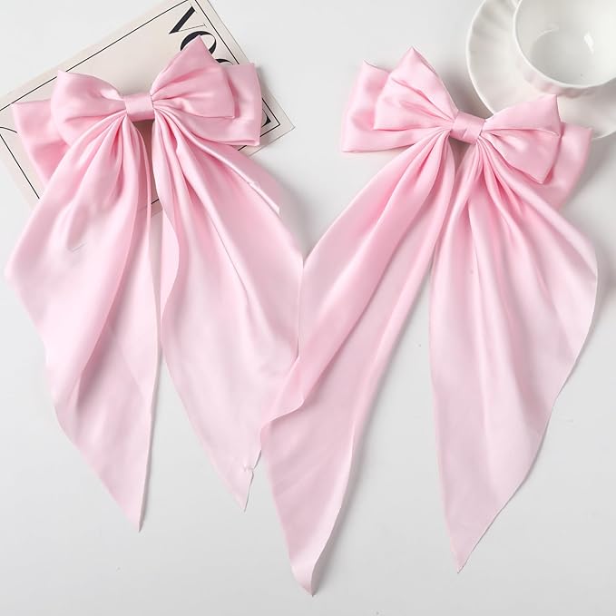 2PCS Big Hair Bow Clips for Women Girls – Pink Satin Ribbon Bow Barrettes with Long Tails, Large Cute Hair Accessories for Ponytail, Photoshoot & Everyday Styling