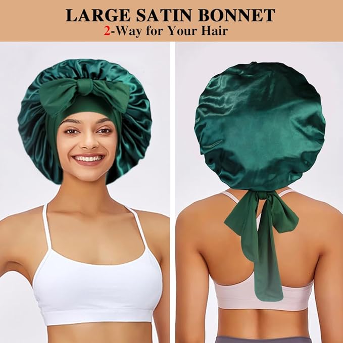 2+3 Large Satin Bonnets with Scrunchies for Women, Hair Bonnet Sleeping Tie Bonnet for Braids Curly Hair