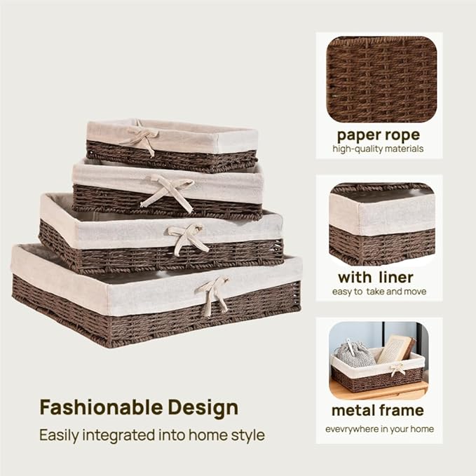 Set of 4 Wicker Storage Baskets Hand-woven Baskets for Shelves Rattan Basket for Bathroom Storage with Lining Decorative Rectangle Shelf Baskets Set for Pantry Kitchen Bedroom