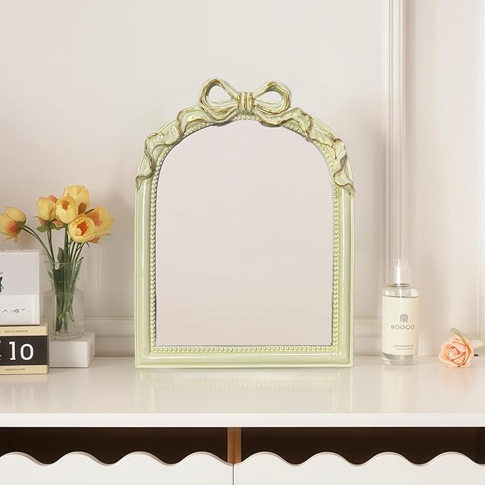 Cream Bow Mirror - 13x10 Inch Perfect Elegant Decorative Accent, Wall-Mounted Tabletop Makeup Mirror for Nursery Baby Room Bedroom Decor