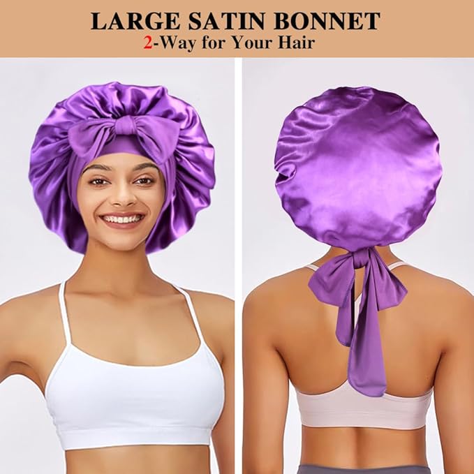 2+3 Large Satin Bonnets with Scrunchies for Women, Hair Bonnet Sleeping Tie Bonnet for Braids Curly Hair