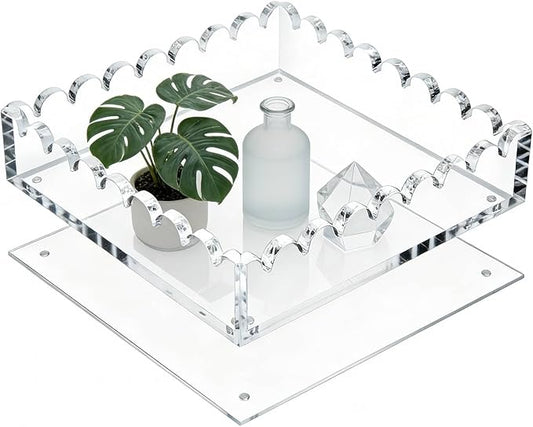 Acrylic Tray with Ultra-Strong Magnetic Mat- 7.9×7.9 Customizable Serving & Display Tray, Clear Scalloped Vanity Jewelry Organizer, Picture Frame Bathroom Tray Decor, Unique Gift for Women Girls