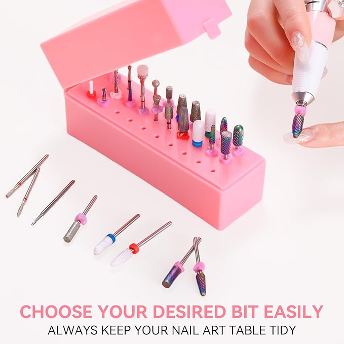 Makartt Nail Drill Bits Holder,Dustproof Stand Displayer Organizer Container Case 30 Holes drill bit holder nail tech Professional Nail art Tools(Not Inlcude Drill Bits,Light Pink)