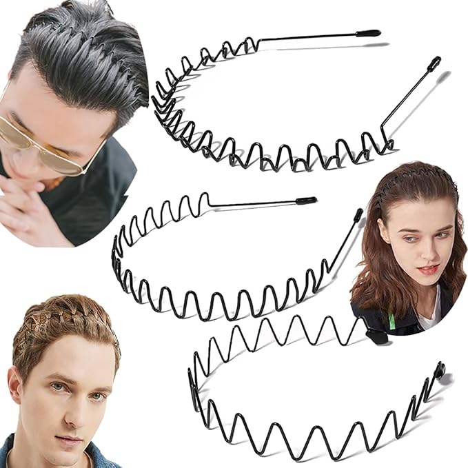 3pcs Metal Headband Set for All Hair Types – Wave Zig Zag & Wide Smooth Hhair Bands For Yoga Washing Face Driving Sport Work & Daily Use Perfect Styling Gift for Men Women Boys Girls