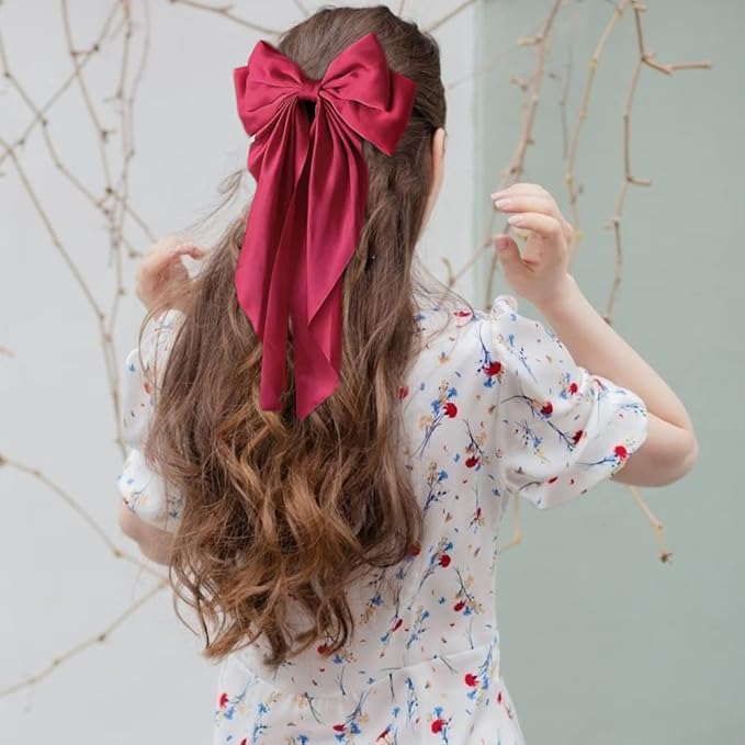 3 Pieces Large Hair Barrettes with Long Tail Bowknot Clips for Women and Girls (Red, Green, Black)