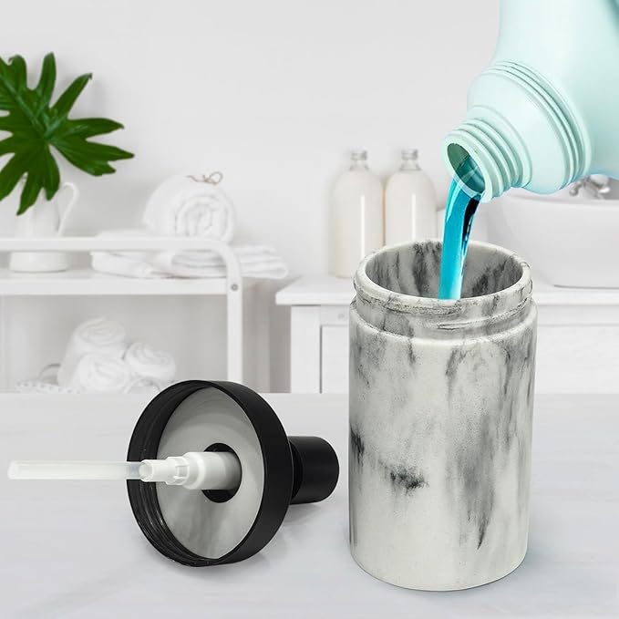 2 Pcs Bathroom Marble Soap Dispenser Set-Marble Wide Open, Refillable Liquid Circular Marble Decorative Soap Dispenser for Bathroom Countertop & Kitchen Home Decor, White