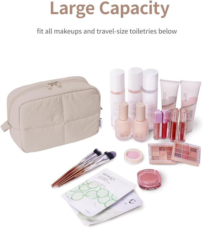 Narwey Quilted Makeup Bag Travel for Women Girl, Cute Cosmetic Bags Make up Organizer with Compartments, Travel Toiletry Bag for Toiletries (Khaki)