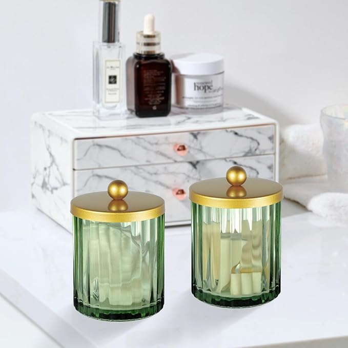 Amolliar Sage Green Glass Qtip Holder Dispenser, Bathroom Canister Apothecary Jar for Cotton Swabs, Cotton Balls, Round Pads, Floss Picks, Countertop Storage Organizer Container for Vanity,Gold 2 Pack