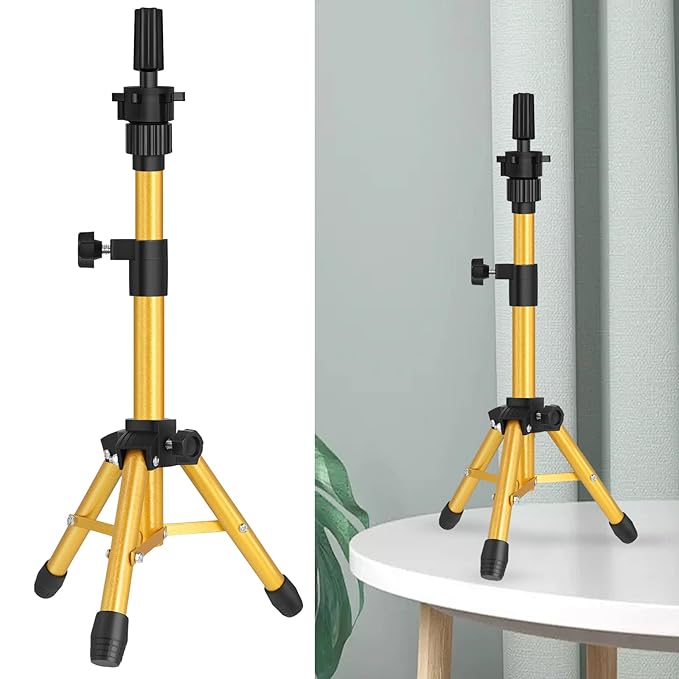 Wig Stand Tripod, 25 Inch Adjustable Mannequin Head Stand, Wig Head Stand for Training Heads And Canvas Block Head (Golden, Mannequin Head Not Included)