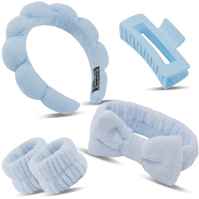 Canitor Spa Headband Wrist Bands Set with Hair Clips Skincare for Washing Face Skin Care Puffy Makeup Preppy Teen Girl Gifts Cute Trendy Stuff Hair Accessories for Women (blue)
