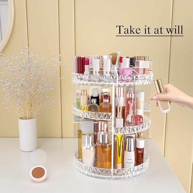 360 Rotating Makeup Organizer, DIY Adjustable Makeup Carousel Spinning Holder Storage Rack, Large Capacity Vanity Organizer Skincare Organizers (Clear)