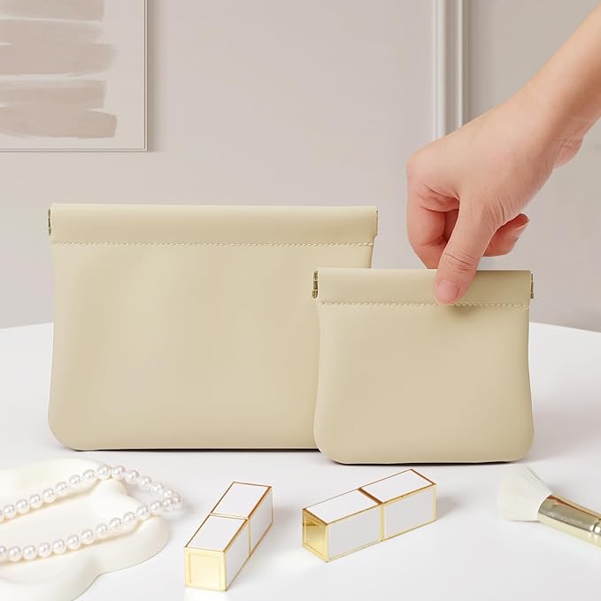 2 Pack Small Makeup Bag for Women, New Organosilicon Super Fiber Leather Mini Cosmetic Bag for Travel, Coin Purse Organizer Storage Pouch (Beige)