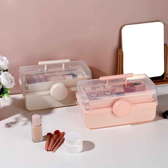 RAMFIYN Makeup Storage, Pink Tackle box for Women with Handle. Cosmetic Storage Box Organizer, Portable 3 Layers Makeup Case for Home