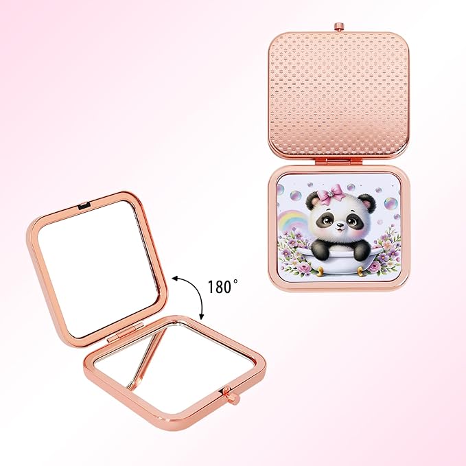 Cute Panda Travel Mirror with Comb, Double-Sided Mini Compact Makeup Mirror with 1x/2x Magnification, Rose Gold Portable Folding Mirror for Purse, Pocket & On-The-Go