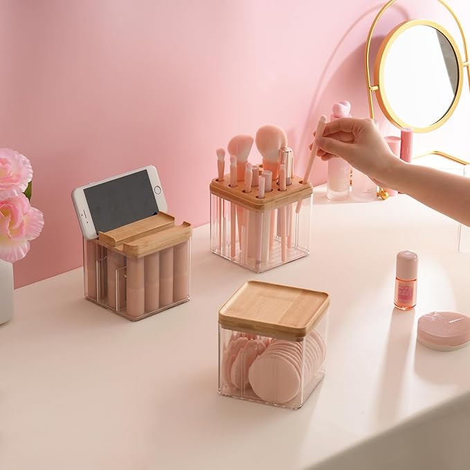 Makeup Brush Holder Comb with Cover Makeup Containers Organizers Set Makeup Holder Box Cosmetic Case With Lid Waterproof Dustproof Beauty Skincare Organizer Bathroom Vanity Countertop,Gift,Clear，3PCS