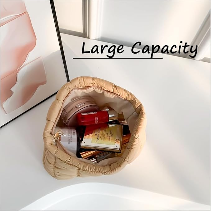 Puffy Quilted Makeup Bag for Women, Cosmetic Bag, Travel Toiletry Organizer Pouch Clutch (khaki)