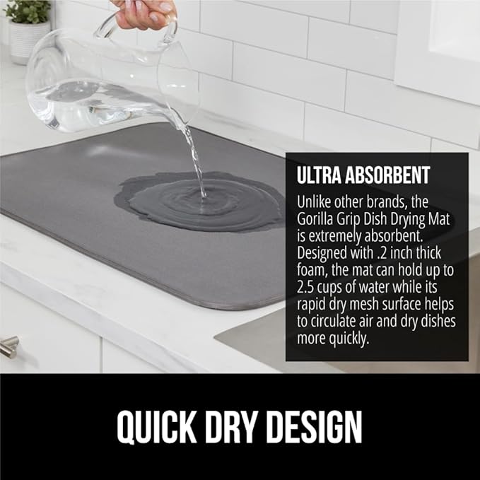 GORILLA GRIP Ultra Water Absorbent Microfiber Dish Drying Mat, 18x24, Quick Dry Thick Mesh, Slip Resistant Pad for Sink Dishes or Under Rack, Kitchen Counter Accessories, Machine Wash Mats, Gray