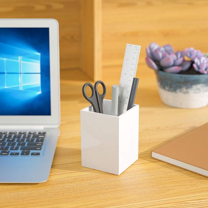 NIUBEE White Acrylic Pen Holder 4 Pack, Desktop Pencil Cup Stationery Organizer for Office Desk Accessory