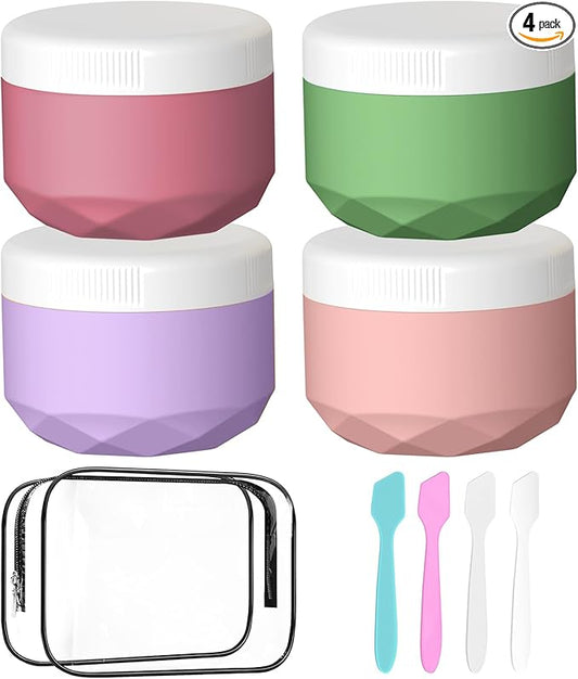 Travel Containers for Toiletries, 4-Pack TSA Approved Silicone Jars (2.5oz) - BPA Free Leakproof Cosmetic Containers for Creams, Lotion, Skincare & Makeup with Bonus Waterproof Bag