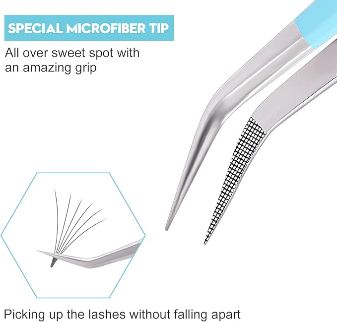 Ms.Queen Eyelash Extensions Tweezers,Professional Fiber Tip 45 Degree Lashing Tweezers for Volume Lash Extensions, Blue