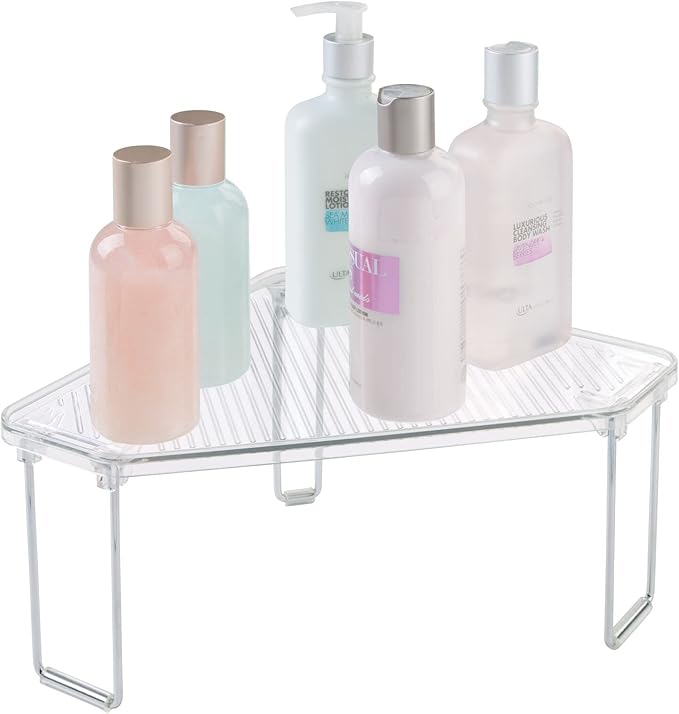 mDesign Plastic/Steel Corner Stackable Rack, Storage Organizer Shelf for Bathroom, Vanity, Countertop, Sink, Cabinet, Holds Makeup, Shower Accessories, Ligne Collection - 4 Pack - Clear