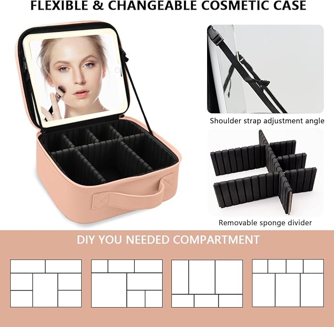 Travel Makeup Bag for Women and Makeup Artists Cosmetic Organizer Large Makeup Case,Travel Makeup Bag with Mirror 3 Color Setting,Portable Storage and Adjustable Dividers(khaki)