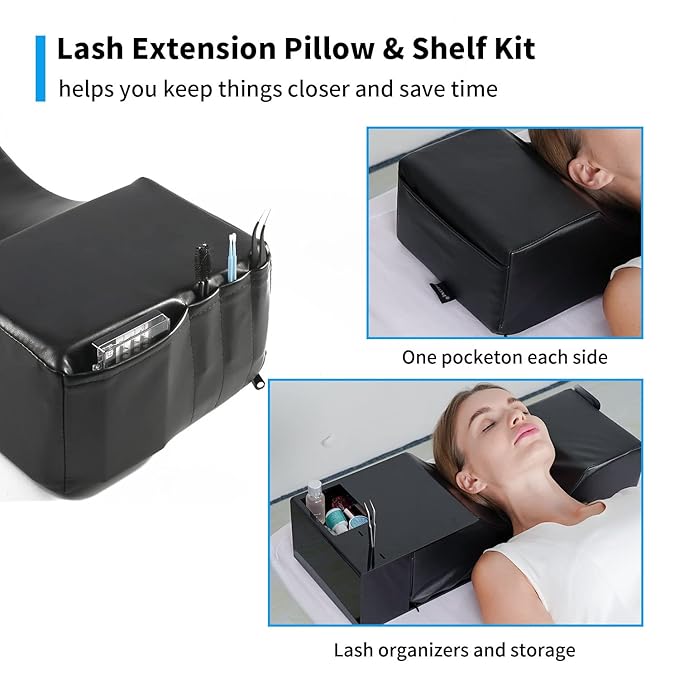 Eyelash Extension Neck Pillow With Acrylic Shelf Organizer Stand, PU Leather Waterproof Lash Extension Grafting Pillow Makeup Tool Display Cabinet Shelves - Black Shelf + Black Pillow Updated