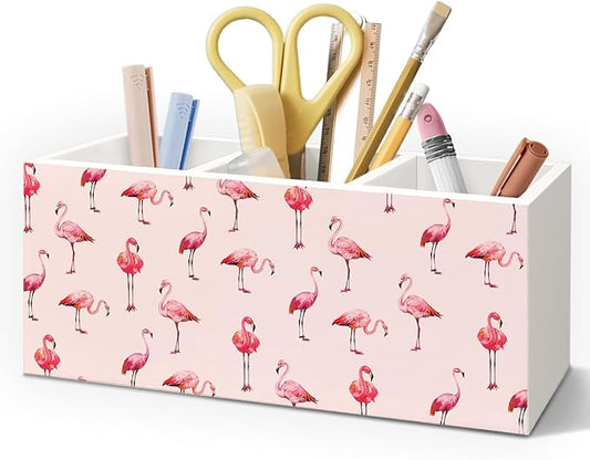 Pink Flamingo Wooden Pen Pencil Holder for Desk Accessories, Pink Flamingo Gifts for Women, Preppy Wood Makeup Brush Toothbrush Holder Organizer for Vanity Bathroom