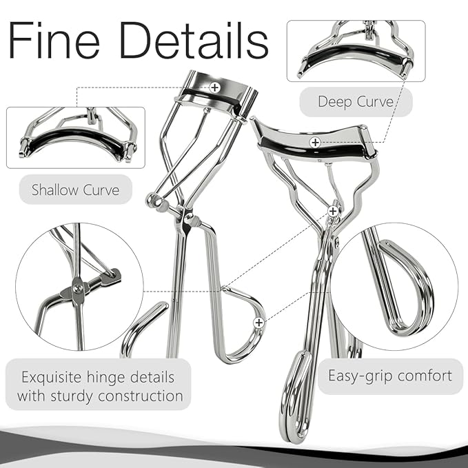 2 Kinds of Eyelash Curlers with Different Curvature Suitable for Various Eyes Shapes, Silver Comfort Grip,10 Silicone Replacement Refills Pads for Perfect Framed Lashes - Gentle & Safe Use