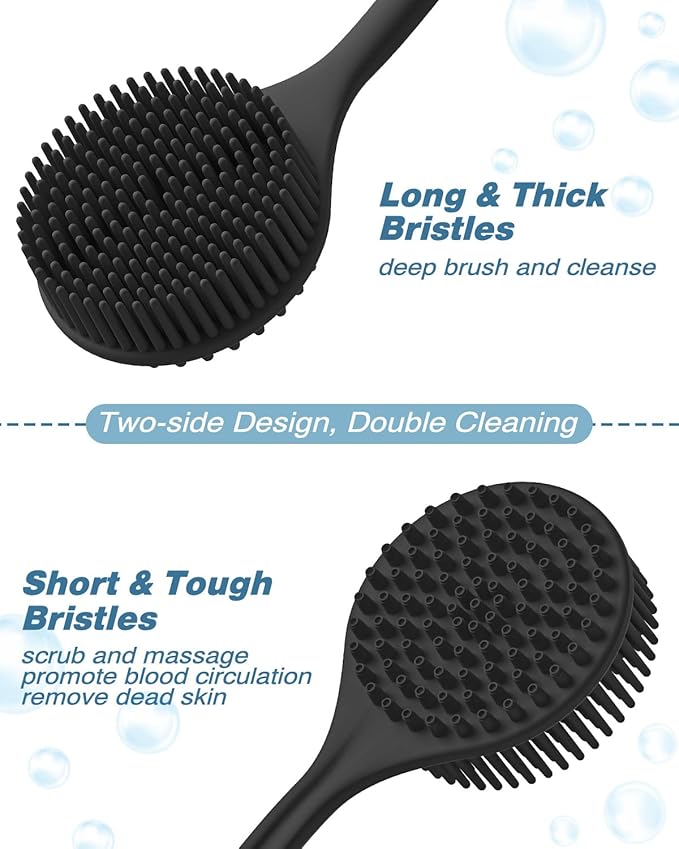 Manmihealth Silicone Back Scrubber (Thick Bristles) & Bath Glove & Face Brush Set(3PCS), Super-Exfoliating & Lathering Body Scrubber, Shower Brush, Face Scrubber Combination, with a Free Hook.(Black)
