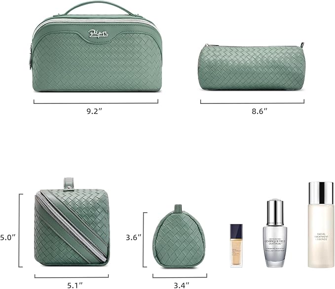 BOYATU Travel Makeup Bag Cosmetic Bags for Women: Large Capacity 3 Pcs Set Make up Bag with Compartments - Waterproof Vegan Leather Toiletry Organizer Bags with Handle (L36 Grass Green)