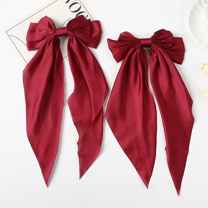 2PCS Big Hair Bow Clips for Women Girls – Red Satin Ribbon Bow Barrettes with Long Tails, Large Hair Accessories for Ponytail, Holiday, Party & Date Night
