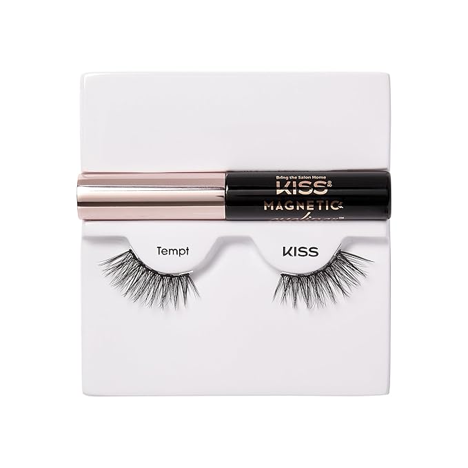 KISS Magnetic False Eyelashes and Eyeliner, ‘Tempt’, 14mm, Easy to Apply, Reusable, No Glue, Flexiband Technology, Precision Felt Tip, Fortified Formula, 1 Pair Strip Lashes