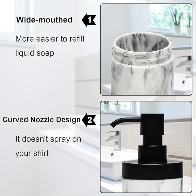 2 Pcs Bathroom Marble Soap Dispenser Set-Marble Wide Open, Refillable Liquid Circular Marble Decorative Soap Dispenser for Bathroom Countertop & Kitchen Home Decor, White