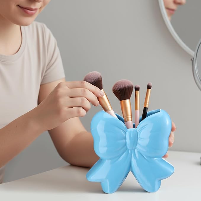Bow Vase Coquette Ceramic Vase Pen Holder Makeup Brush Holder Contemporary Design Decorative Women Gift for Christmas Home Office Shelf Table Room(Blue,Small,Classic)