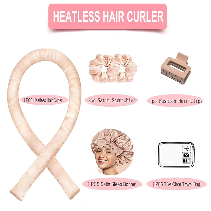 Satin Heatless Hair Curler Set, Heatless Curls Overnight, Hair Rollers for Soft Curls, No Heat Curlers to Sleep in, Curling Rod Headband with Hair Bonnet & Clip & Scrunchies (Travel Packing)