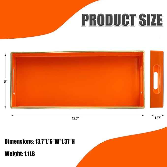 Leemxiiny Orange Bathroom Vanity Tray for Countertop, Small Plastic Toilet Tank Versatile Storage & Organization Tray for Makeup, Perfume, Desk, Kitchen, Candles, 13.7"x6"x1.4", 35O